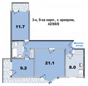 3 ком. квартира, комнаты раздельные, 2 балкона и эркер